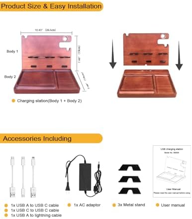 Multi-Device USB Charging Station with 4 Ports – Fast PD & QC3.0 Power Delivery, Stylish Wooden Organizer for Desk & Nightstand – Ideal Birthday Gift for Men, Dads, Husbands, and Moms – Elegant Solution for Cable Management and Rapid Charging
