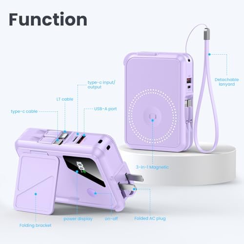 Revolutionary 3-in-1 Magnetic Wireless Power Bank – 10,000 m Ah Capacity with Built-in Cables and AC Plug – 22.5 W Fast Charging for i Phone 15/14/13/12, Apple Watch, and Air Pods – Ultimate Travel Companion for Seamless Device Charging