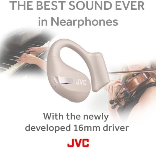 JVC Nearphones: Open Ear True Wireless Earbuds with 16 mm Drivers for Immersive Sound Quality, 38-Hour Battery Life, and Ultra-Portable Design – Ideal for Active Lifestyles and Enhanced Situational Awareness (Beige) – Effortless Device Pairing for Seamless Listening Experience