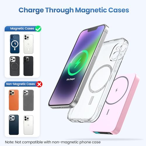 Sleek Magnetic Wireless Power Bank 5500 m Ah – Ultra-Slim Portable Charger with LCD Display for i Phone 16/16 Plus/15/14/13/12, PD Fast Charging USB-C, Effortless Magnetic Connection in Pink – Perfect for On-the-Go Power Solutions