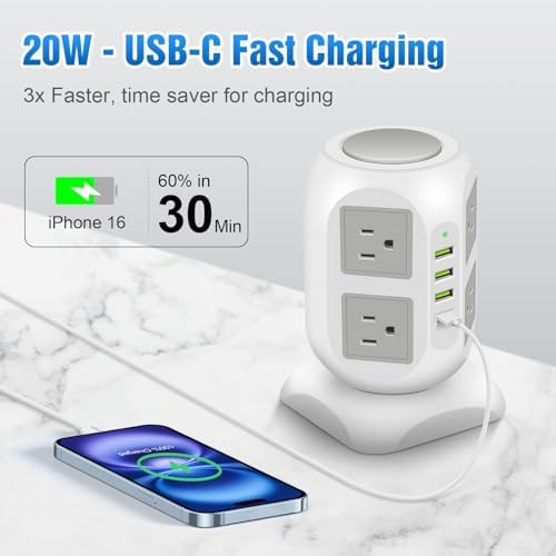 Ultimate Power Strip Desk Organizer with 8 AC Outlets & 4 USB Ports, 20 W Fast USB C Charging Station – 15 FT Flat Cord for Enhanced Flexibility & Surge Protection – Streamline Your Workspace & Maximize Efficiency
