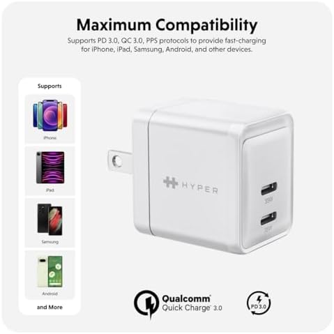 Compact Hyper Juice 35 W Dual Port USB-C Charger Block – Lightning-Fast Ga N Technology for i Phone, i Pad, and Mac Book – Charge 2 Devices Simultaneously with Maximum Compatibility and Safety – Travel-Ready, Pocket-Sized Power Adapter with Foldable Plugs – Experience 50% Battery in Just 30 Minutes – Ideal for Home, Office, and On-the-Go Charging Solutions – Unmatched Durability and Performance in a Minimalist Design