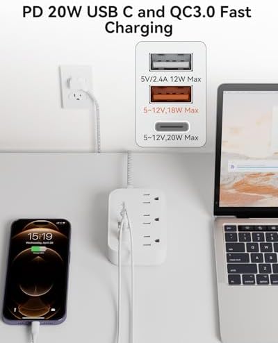Compact PD 20 W USB C Travel Power Strip with Flat Plug Design, 3 AC Outlets & 3 USB Ports for Rapid Charging – Ideal Cruise Ship Essential & Versatile Charging Station for i Pad Pro, i Phone, Samsung Devices – 3 FT Short Extension Cord for Convenient Use