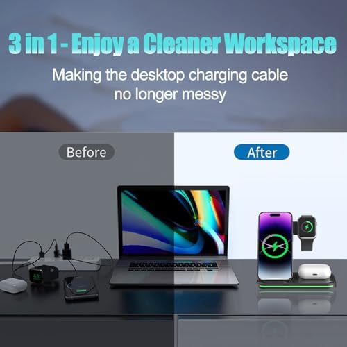3-in-1 Foldable Wireless Charging Station for i Phone, Apple Watch & Air Pods – Fast Charging Hub with QC 3.0 Adapter for Enhanced Speed and Multi-Device Compatibility – Sleek Black Design for Home, Office & Travel Use – Effortless Charging with Adjustable Stand & Safety Features