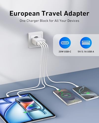 Ultimate European Travel Plug Adapter with 4 USB-C Fast Charging Ports and 10 FT Type C Cable – High-Power 40 W Wall Charger for i Phone 16/15 Pro Max and Samsung S24/S23 – Seamless Power Solution for Your European Journey