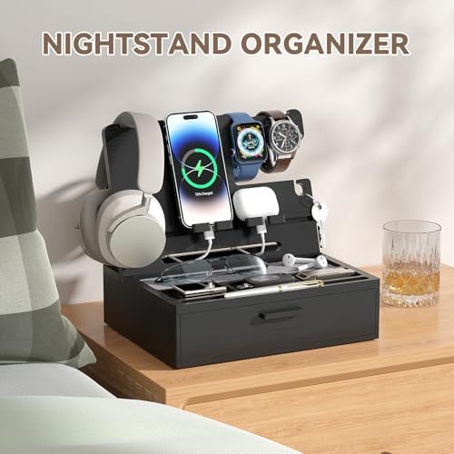 Pezin & Hulin Wooden Charging Station, Bedside Nightstand Tray, with Spacious Drawer, Felt Pads for Phones, Watch, Idea Gifts for Him Birthday, Son, Christmas for Papa Fathers Day – Enhanced Compatibility and Speed
