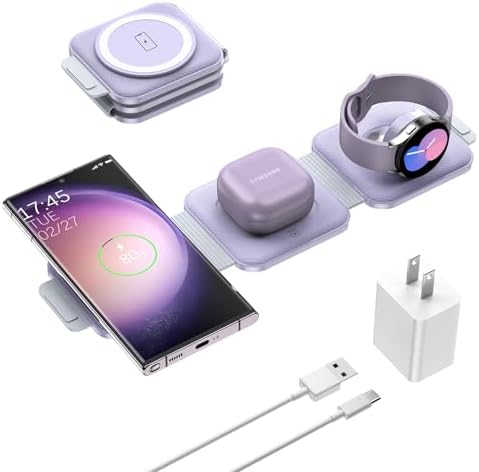 Ultimate Travel Charger for Samsung Devices – 3-in-1 Wireless Charging Station with Foldable Design for Fast Charging Galaxy S Series, Galaxy Watch & Galaxy Buds – Enhanced Portability and Intelligent Safety Features