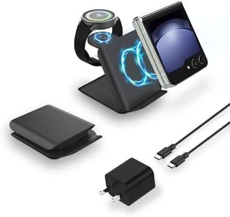Portable 2-in-1 Fast Charging Station for Samsung Galaxy Z Flip Series – Foldable Wireless Charger with Enhanced Compatibility for Galaxy S, Note, and Watch – Ideal Travel Companion with Adapter Included – Sleek Black Design for Effortless Power on the Go