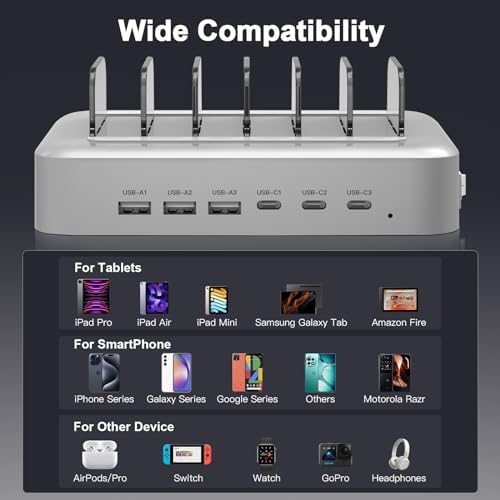 MSTJRY 90 W 6-Port USB C Fast Charging Station – Multi-Device Power Hub with Adjustable Organizers for i Phone, i Pad, Tablets & More – High-Speed PD Charger Dock for Home, Office & Classroom Efficiency
