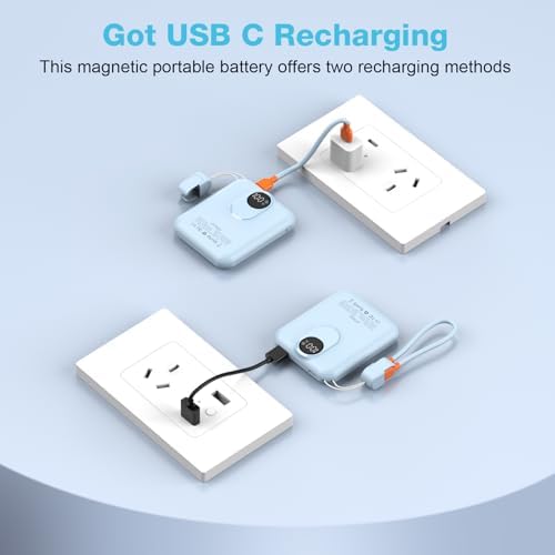 Compact Magnetic Power Bank for i Phone 12-16 | 5000 m Ah Slim Wireless Charger with 20 W Fast Charging, Detachable USB-C & i OS Cable, LED Display | Ultimate Portable Power Solution in Black