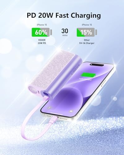 VEGER Stylish 10,000 m Ah Portable Charger with Detachable Cable – 20 W Fast Charging Power Bank for i Phone 15/14 & Android Devices – Chic Travel Essential in Eye-Catching Blue for On-the-Go Charging