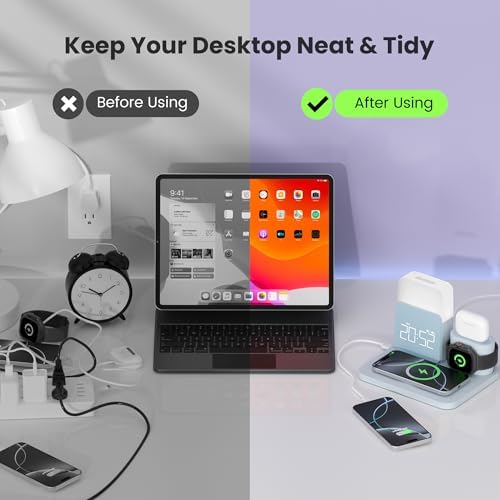 Elevate Your Nightstand with the 7-in-1 Wireless Alarm Clock Charging Station – Fast Mag-Safe Charger for i Phone 12-16 Pro Max, Apple Watch & Air Pods, Features Adjustable Night Light and Sleek Time Display for Ultimate Bedroom Convenience