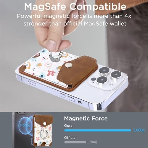 Premium Printed Leather Mag Safe Wallet for i Phone 15/14/13/12 – Magnetic Card Holder with Secure Ring Grip, 3-Card Capacity, Effortless Integration for Modern Minimalists