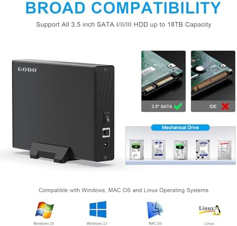 GODO USB 3.0 Vertical Hard Drive Enclosure for 3.5 Inch SATA HDD/SSD – Premium Aluminum Dock with UASP Technology, Supports Up to 18 TB Storage, Space-Saving Design, Power Adapter Included for Enhanced Performance and Compatibility