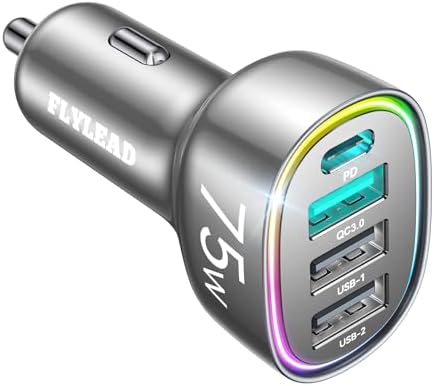 FLYLEAD 75 W USB C Car Charger – 4-Port Fast Charging Adapter for i Phone 16/15/14/13 Series – High-Speed Cigarette Lighter Power Solution in Sleek Red – Unmatched Compatibility and Performance for Effortless Road Charging