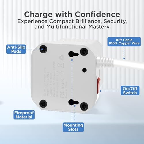 Uncaged Ergonomics Cube Power Strip with 10 ft Extension Cord – Surge Protected Charging Station Featuring 5 AC Outlets, 3 USB Charging Ports (1 USB-C Fast Charger) and On/Off Switch for Ultimate Convenience and Safety