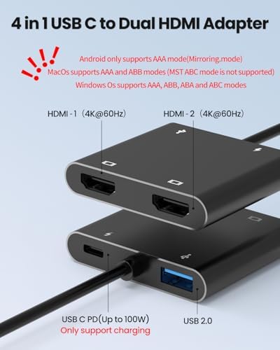 Fophmo Dual HDMI Adapter – 4 K@60 Hz USB C Hub with 100 W Power Delivery & USB-A Port for Enhanced Dual Screen Experience – Perfect for Gamers & Professionals Seeking Stunning Visual Clarity and Seamless Multitasking