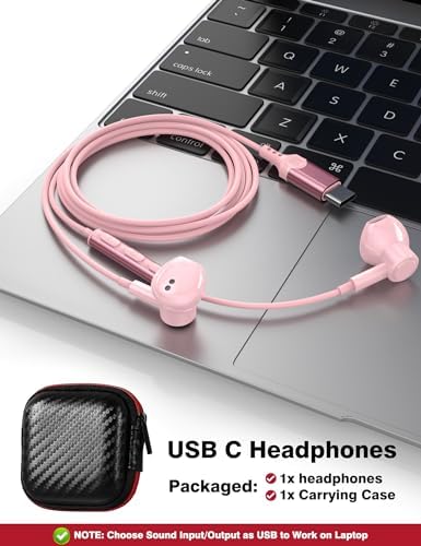 High-Fidelity USB C Earbuds with Microphone and Volume Control – Magnetic Wired Headphones for i Phone 16, Samsung Galaxy, Google Pixel, & More – Perfect for On-the-Go Audio Experience in Pink – Enhanced Compatibility & Durability