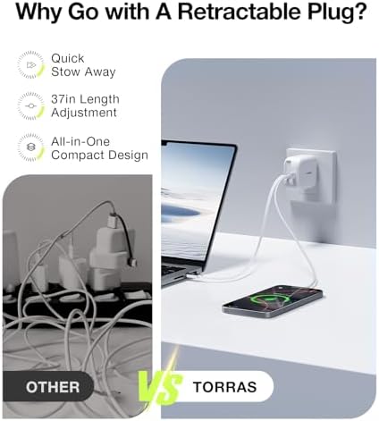 Experience Maximum Efficiency with TORRAS Flex Line 40 W Dual-Port USB-C Charger Block for Galaxy Z Fold 7 – Fast Charging Power Adapter with Retractable Cable, Ideal for i Phone 15/16 & Samsung Galaxy S25/S24 Ultra, Sleek Gold Finish for Ultimate Style and Portability