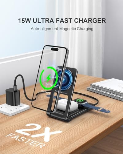 Ultimate 3-in-1 Magnetic Wireless Charging Station with Retractable Cable – Fast 15 W Charger for i Phone 16, 15, 14, 13, 12, Apple Watch & Air Pods – Portable Foldable Design with 20 W Adapter for Home, Office & Travel – Enhanced Safety Features & Cable Management Solutions
