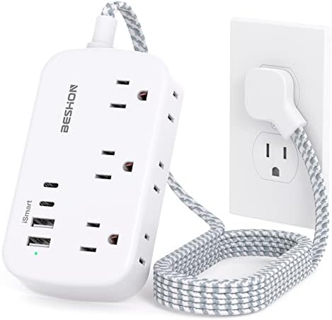 BESHON 5 FT Flat Plug Power Strip with 6 Outlets and 4 USB Ports – Ideal Travel Companion for Dorm Rooms and Cruise Ships, Space-Saving Design for Enhanced Accessibility and Fast Charging