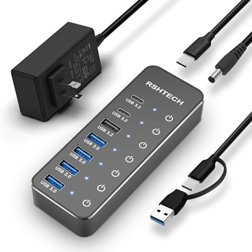 Maximize Your Device Connectivity with the RSHTECH 7-Port Powered USB 3.2 Hub – Lightning-Fast 10 Gbps Transfers, Individual Control Switches, and 3.3 ft Cable for Effortless Multi-Device Management – Perfect USB Hub Splitter for Laptops and PCs – Essential High-Performance Accessory for Home and Office Efficiency