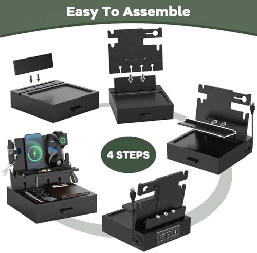 Nightstand Organizer with Charging Station, Wood Docking Station with USB Ports and Outlets, Gifts for Men, Bedside Holder with Drawer for Kindle,Phone,Key, Watch & Accessories (Classic Black) – Enhanced Compatibility and Speed
