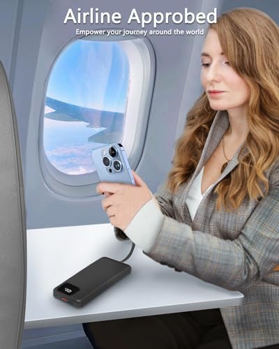 Compact 10,000 m Ah Power Bank with Built-in Cables and 22.5 W Fast Charging – Essential Travel Charger for i Phone, i Pad, Samsung, Google Pixel, LG & More – LED Battery Status Display – Ultimate On-the-Go Charging Solution