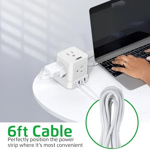 Uncaged Ergonomics Cube Power Strip with 10 ft Extension Cord – Surge Protected Charging Station Featuring 5 AC Outlets, 3 USB Charging Ports (1 USB-C Fast Charger) and On/Off Switch for Ultimate Convenience and Safety