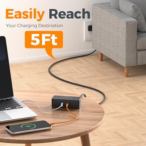 TESSAN 5 FT Flat Plug Extension Cord with 4 AC Outlets, 1 USB-C & 2 USB-A Ports – 900 Joules Surge Protector Power Strip for Home Office & Dorm Room – Maximize Charging Efficiency & Space Savings with Versatile Power Accessory