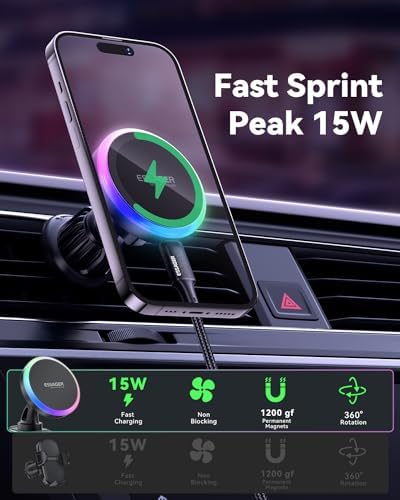 ESSAGER 15 W Magnetic Wireless Car Charger for i Phone 16/15/14/13/12 Pro Max – Fast, Secure Magsafe Charging Mount for Dash and Air Vent – Innovative Magnetic Phone Holder for Effortless On-the-Go Power Solutions