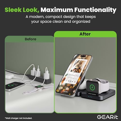 GEARit Ultra-Fast 3-in-1 Wireless Charging Hub – Qi2 Mag Safe Stand for i Phone 15, 16 Pro, Apple Watch, and Air Pods – Multi-Device Compatibility for Seamless Charging at Home or On the Go – Sleek Design with LED Status Indicators and Non-Slip Base