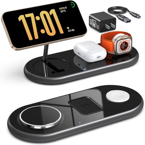 Sleek 3-in-1 Magnetic Charging Station for Apple Devices – Fast Mag-Safe Wireless Charger Stand for i Phone 16/15/14/13/12, Apple Watch, and Air Pods – Elegant Golden Design with Enhanced Compatibility and Safety Features