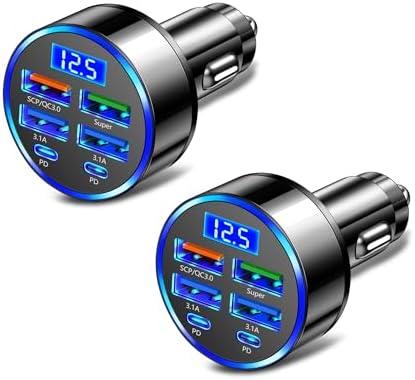Maximize On-the-Go Charging Efficiency with the 6-Port Fast Car Charger Featuring Real-Time Voltage Monitoring and Dual PD/QC3.0 Technology – Ideal for i Phone 13/14/15 & Most Android Devices – Essential Travel Companion (2 Pack)