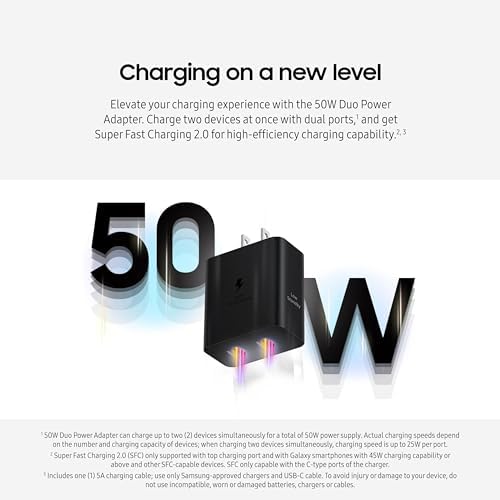SAMSUNG 50 W Dual Port Wall Charger with USB Type-C Cable – Super Fast Charging 2.0 for Galaxy Devices – Energy Efficient Power Adapter with Low Standby Consumption – Sleek Black Design for Ultimate Versatility and Modern Aesthetics