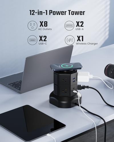 Revolutionize Your Charging Setup with SUPERDANNY Power Strip Tower – 15 W Wireless Charger, 6.5 Ft Retractable Cord, 1050 J Surge Protection, 8 Outlets & 4 USB Ports (2 USB-C) for Ultimate Home and Office Versatility