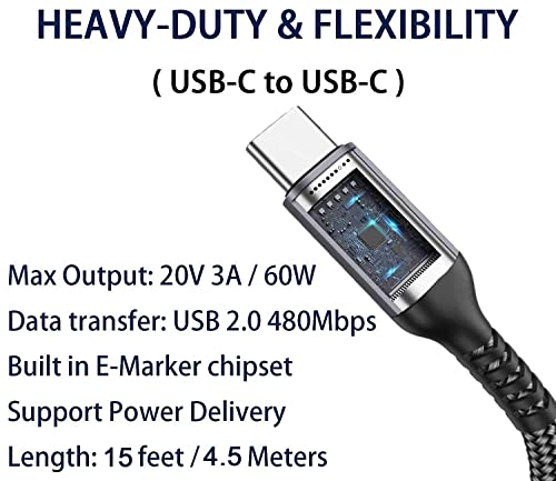 15 FT USB-C to USB-C Charging Cable (2 Pack, 60 W) – High-Speed Data Transfer & Power Delivery for i Phone 15 Pro, Samsung Galaxy S23/S22, Google Pixel 6 Pro, and More – Ultimate Compatibility & Durability for On-the-Go Charging Solutions