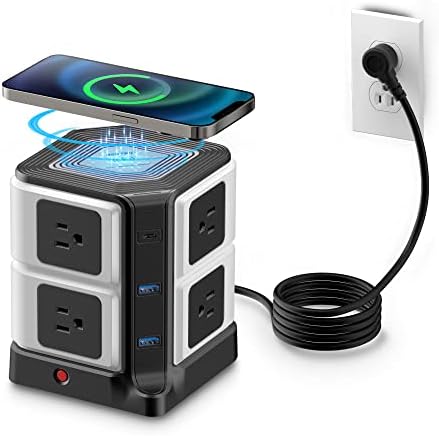 BESTEK Multi-Outlet USB Power Hub with Wireless Charging Station – 8 AC Outlets & 6 USB Ports (40 W) Surge Protector | 1500 Joules ETL Listed for Safe Use – Ideal Dorm Room Essential & Home Office Accessory in Sleek Black Finish