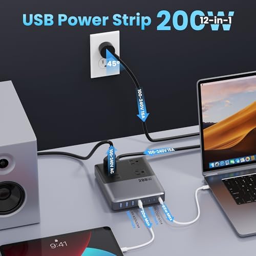 Revolutionize Your Charging Setup with the 12-in-1 USB C Power Strip – 200 W Ga N IV Fast Charger with 4 AC, 4 USB-A, and 4 USB-C Ports, Perfect for Mac Book and i Phone 16/15/14 – 5 ft Cord for Ultimate Flexibility in Home and Office Environments