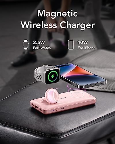 VRURC 10000 m Ah Magnetic Portable Charger – 3-in-1 Fast Wireless Charger for i Phone 14/13/12 Series, Apple Watch & Air Pods – 22.5 W Quick Charge Power Bank in Stylish Pink – Ultimate On-the-Go Charging Solution with Enhanced Compatibility
