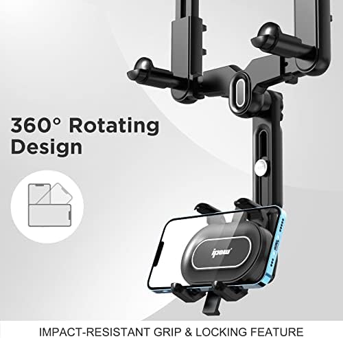 IPOW 2023 Upgraded Large Car Rearview Mirror Phone Holder – 360° Rotatable, Retractable, and Anti-Shake Design for Ultimate Smartphone Compatibility – Enhance Driving Safety and Convenience with Easy Installation and Secure Grip