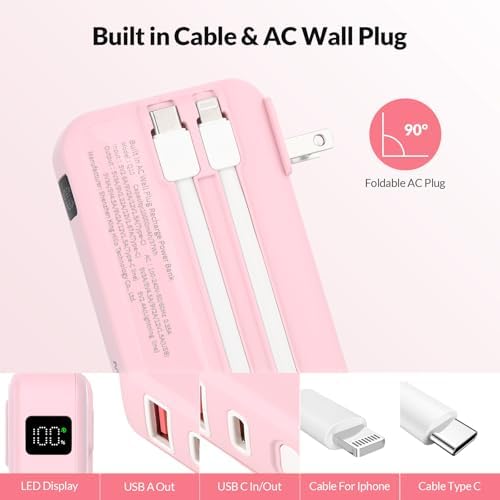 Ultimate 10,000 m Ah Portable Charger with Built-in Cables – 22.5 W Fast Charging Power Bank for i Phone 16/15/14/13, Samsung Galaxy S24/S23/S22, Google Pixel, and LG Devices – Travel-Friendly Battery Pack with AC Wall Plug for Effortless Recharging, Sleek Black Design for On-the-Go Convenience