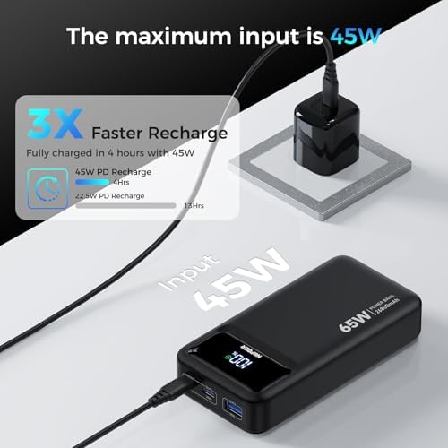 High-Capacity 26800 m Ah Portable Charger – 65 W PD3.0 Power Bank with Digital Display for Rapid Charging of Laptops, i Phones, i Pads, Steam Deck & More – Sleek Black Design for Ultimate Portability and Versatile Compatibility