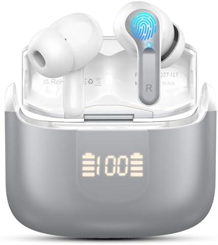 Transform Your Sound Journey with Advanced Bluetooth 5.3 Wireless Earbuds: Superior Hi-Fi Stereo Audio, 4 ENC Noise-Canceling Microphones, 40-Hour Playtime, and IP7 Waterproof Resistance – Perfect for Athletes, Travelers, and Daily Commutes – Stylish Grey Mini Headset Compatible with All Devices