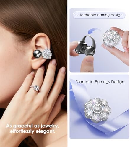 Chic Wireless Bluetooth 5.4 Earbuds with Fashionable Detachable Flower Earrings – Stylish Open Ear Headphones for Women, Waterproof IPX5 Rated, 50-Hour Playtime, Ideal for Festivals, Parties, and Unique Gift Giving (White)