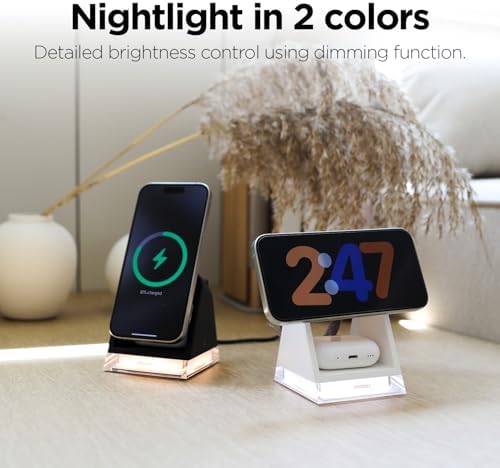 mooas Crystal Lamp 3-in-1 Mag-Safe Wireless Charging Station – Elegant Black Design with Dual-Color Nightlight, Fast Charging for i Phone 12-15 & Galaxy S21-S24, All-in-One Charger for Apple & Galaxy Watches – Enhance Your Space & Stay Powered Up