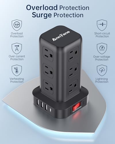 Ultimate Surge Protector Power Strip Tower with 10 FT Cord and 4 USB Ports (1 USB C) – 12 AC Outlets for Home Office and Dorm Room – Space-Saving Design with Enhanced Protection for Your Electronics and Fast Charging Solutions