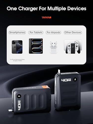 Compact 40 W Retractable USB-C Fast Charger Block – Dual-Port Power Adapter for i Phone 16/15, Galaxy, and Pixel Devices – Ultimate Travel Companion with Foldable Plug for Efficient Charging on the Go