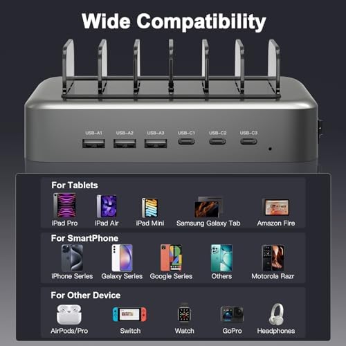 MSTJRY 90 W 6-Port USB C Fast Charging Station – Multi-Device Power Hub with Adjustable Organizers for i Phone, i Pad, Tablets & More – High-Speed PD Charger Dock for Home, Office & Classroom Efficiency