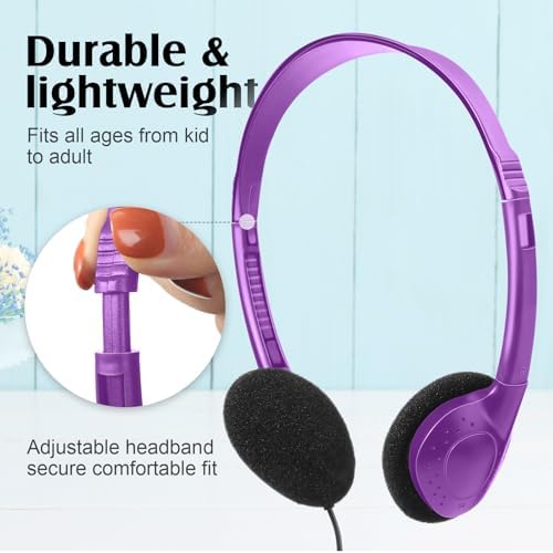 Flutesan 20 Pack Wired On-Ear Headphones – Durable Purple Classroom Headset for Students & Educators, Adjustable Comfort, Enhanced Device Compatibility, Ideal for Group Learning & Individual Study Sessions